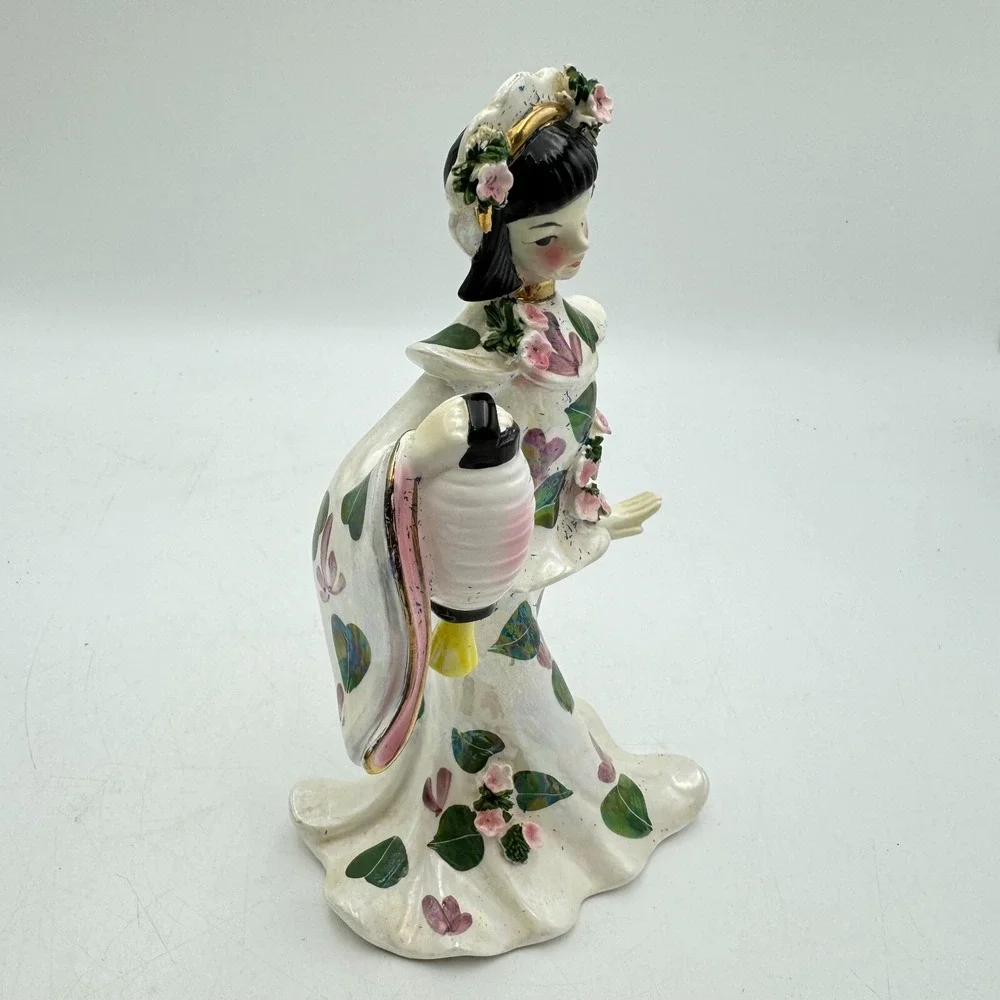 Vintage 1955 Signed Geo Z. Lefton Porcelain East Asian Dancer Lantern Pink Green